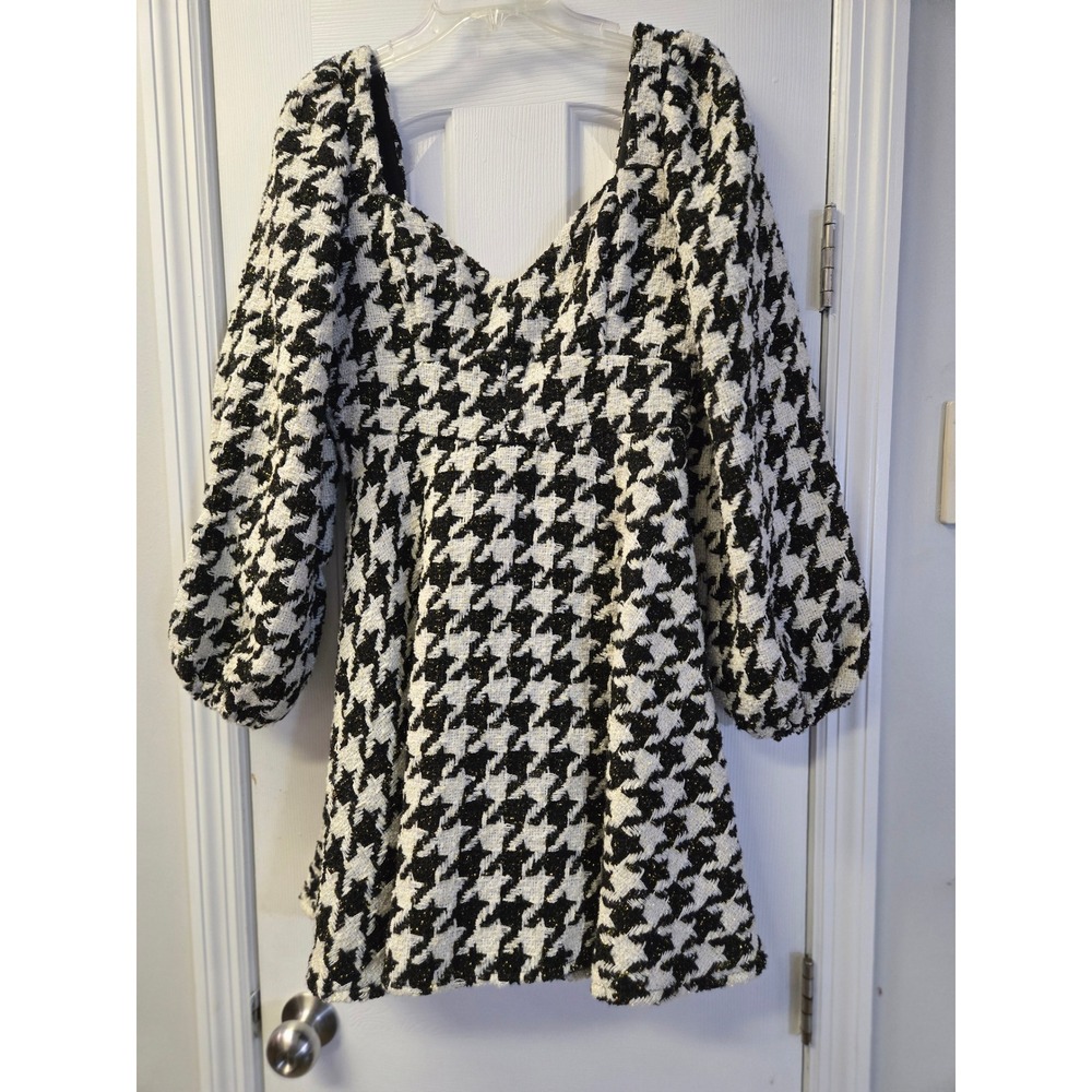 She + Sky Houndstooth Gold Metallic Puff Sleeve Mini Dress Black White L